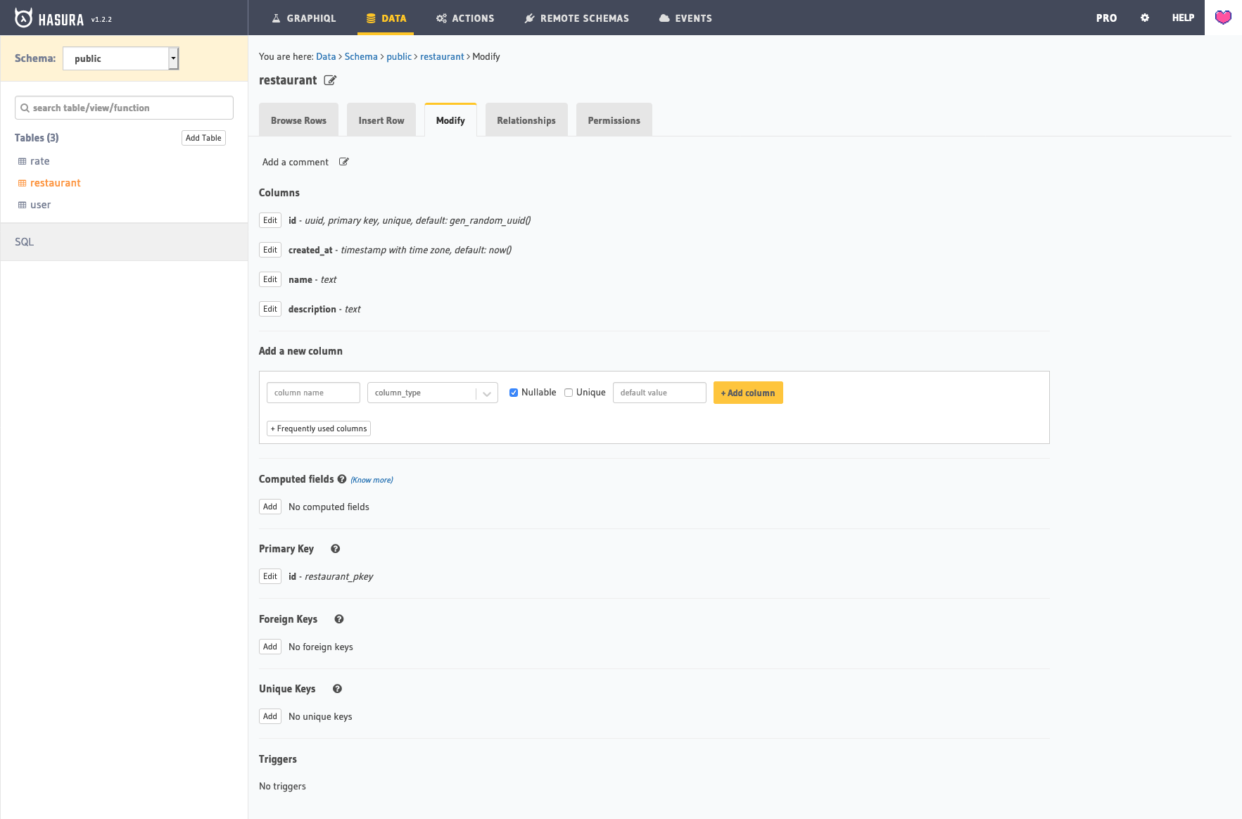 Hasura web interface to configure the data model