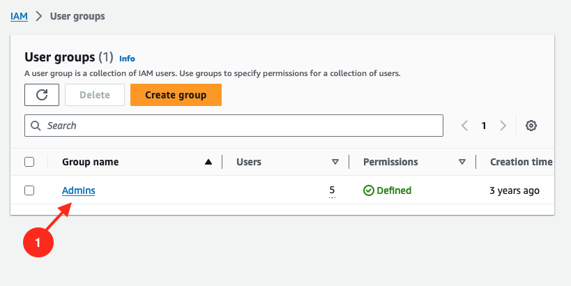 AWS console - select admin user group