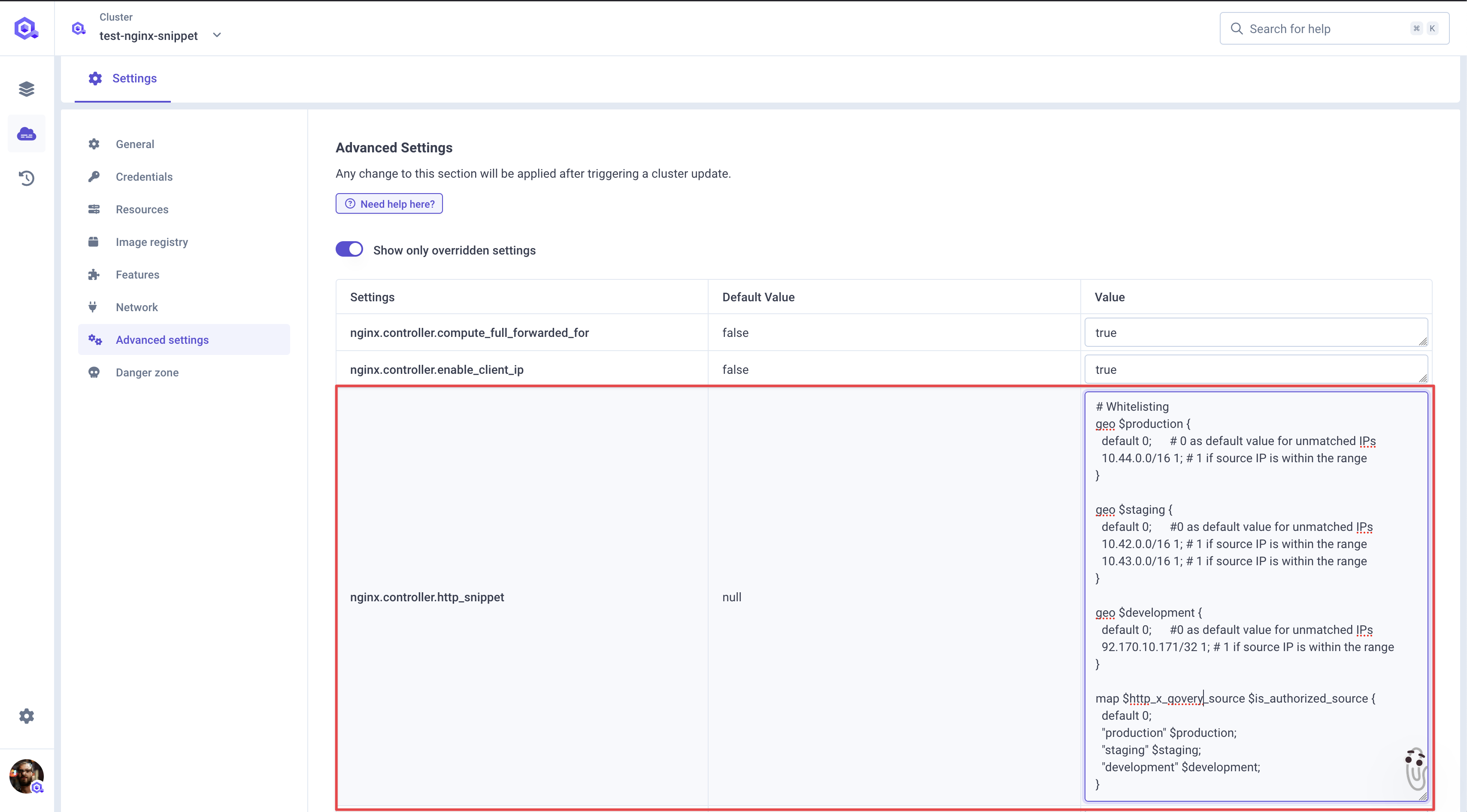 Declare whitelisting rule in cluster advanced settings