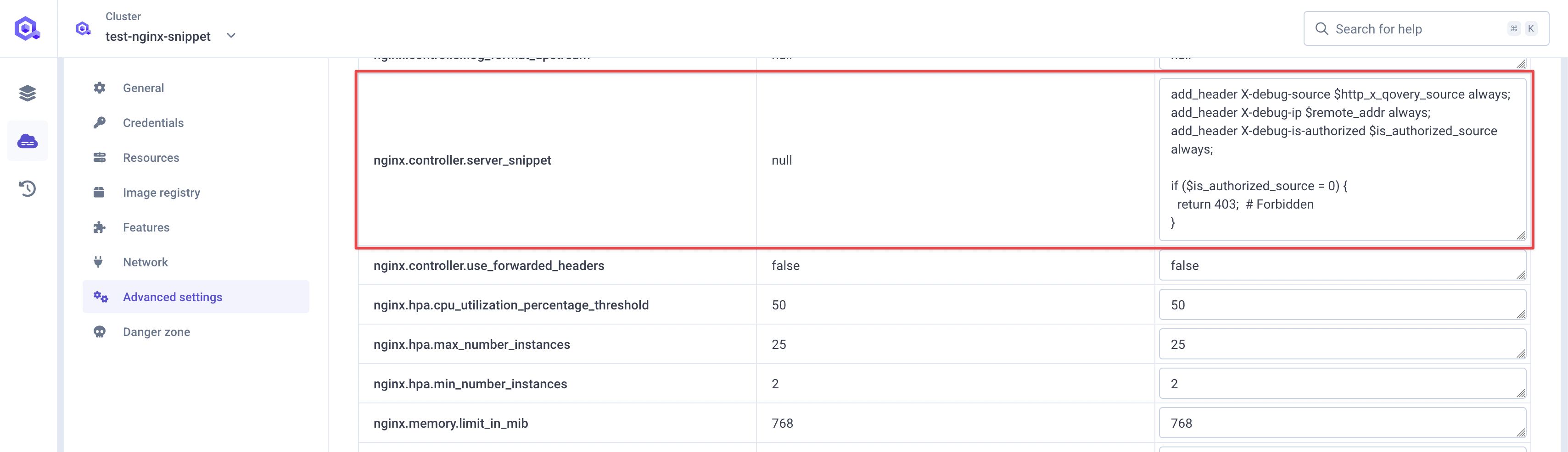 Declare service whitelisting rule in advanced settings