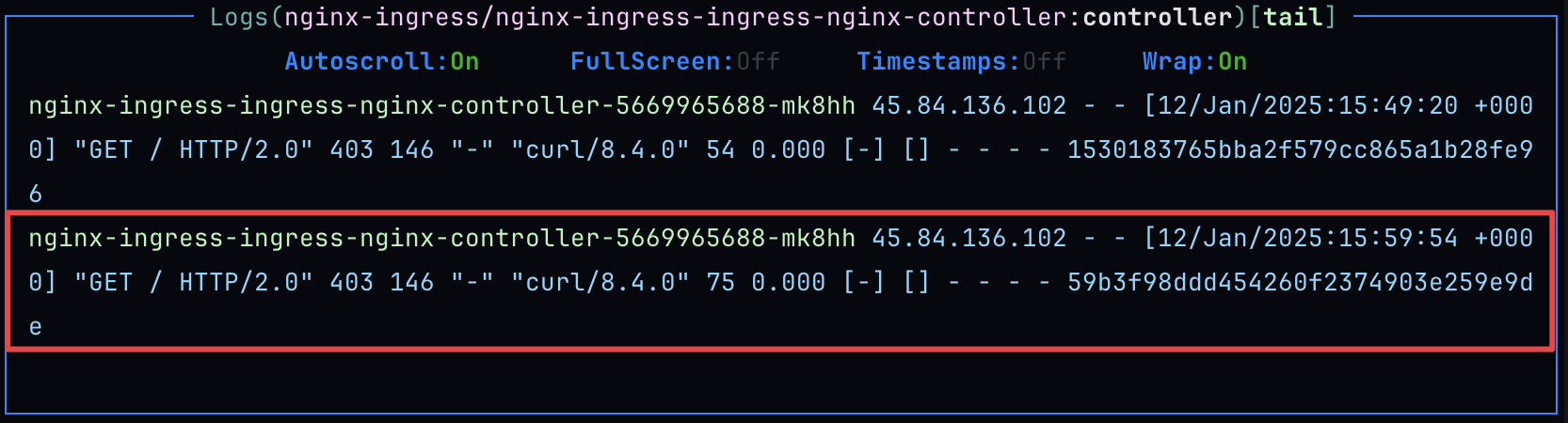 NGINX logs showing requests rejections for request with header production and ip address outside whitelisted ranges