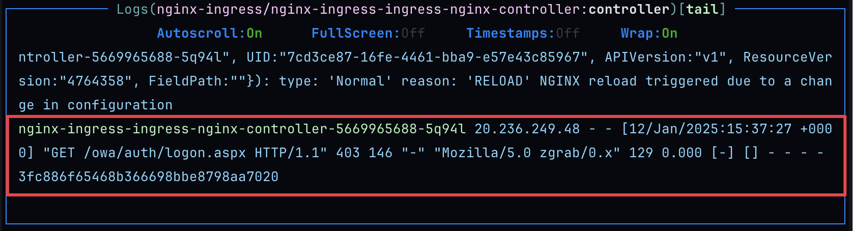 NGINX logs showing requests rejections for request without header and ip address outside whitelisted ranges