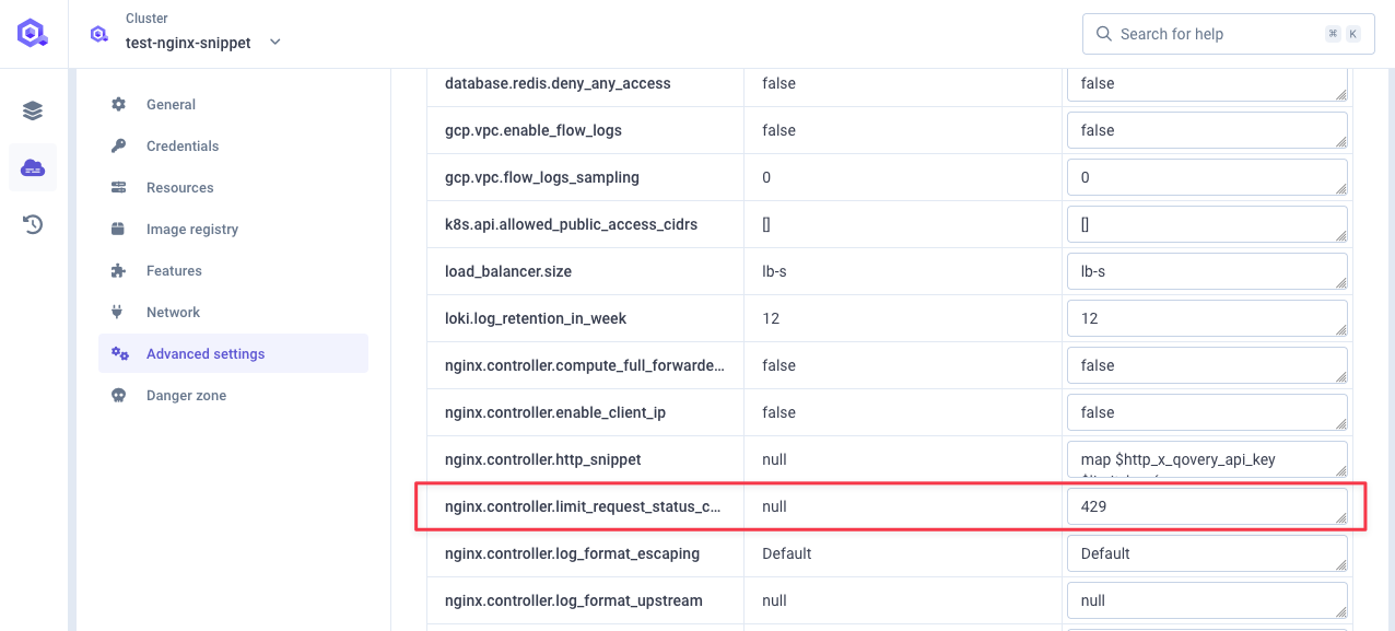 Custom http status code for limit in cluster advanced settings