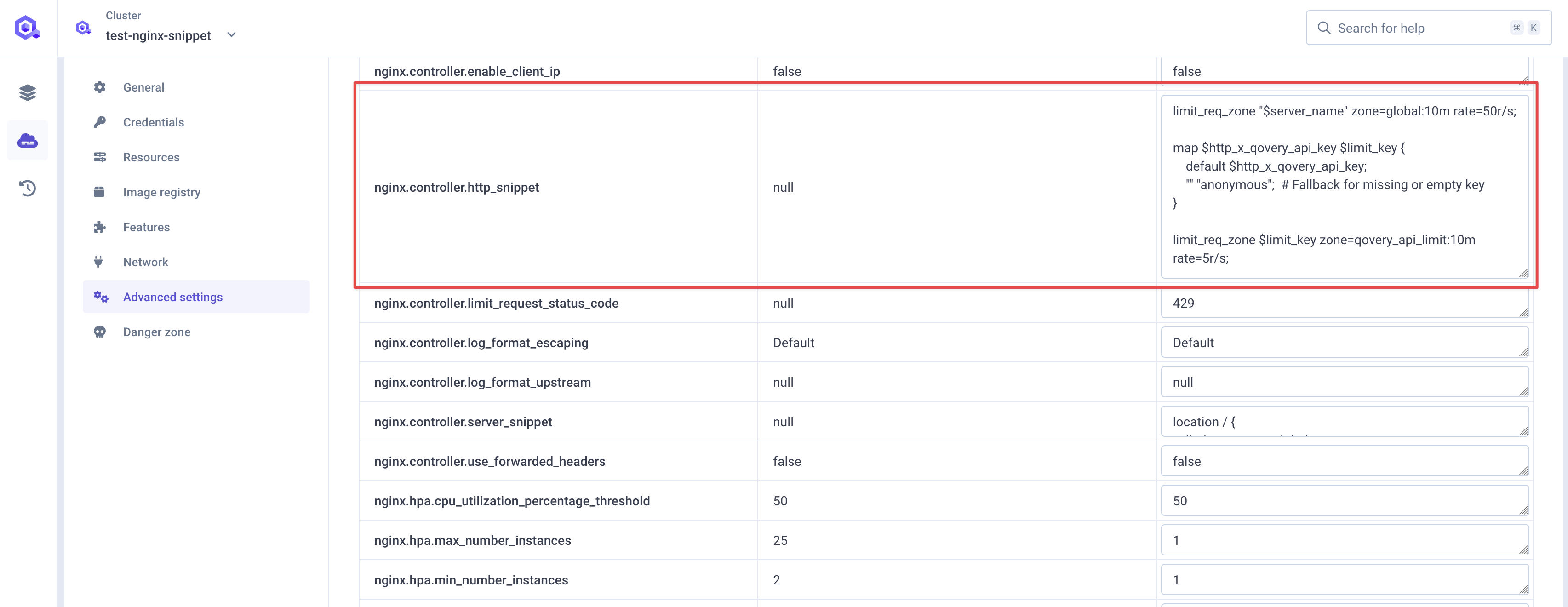 Cluster settings custom header rate limiter