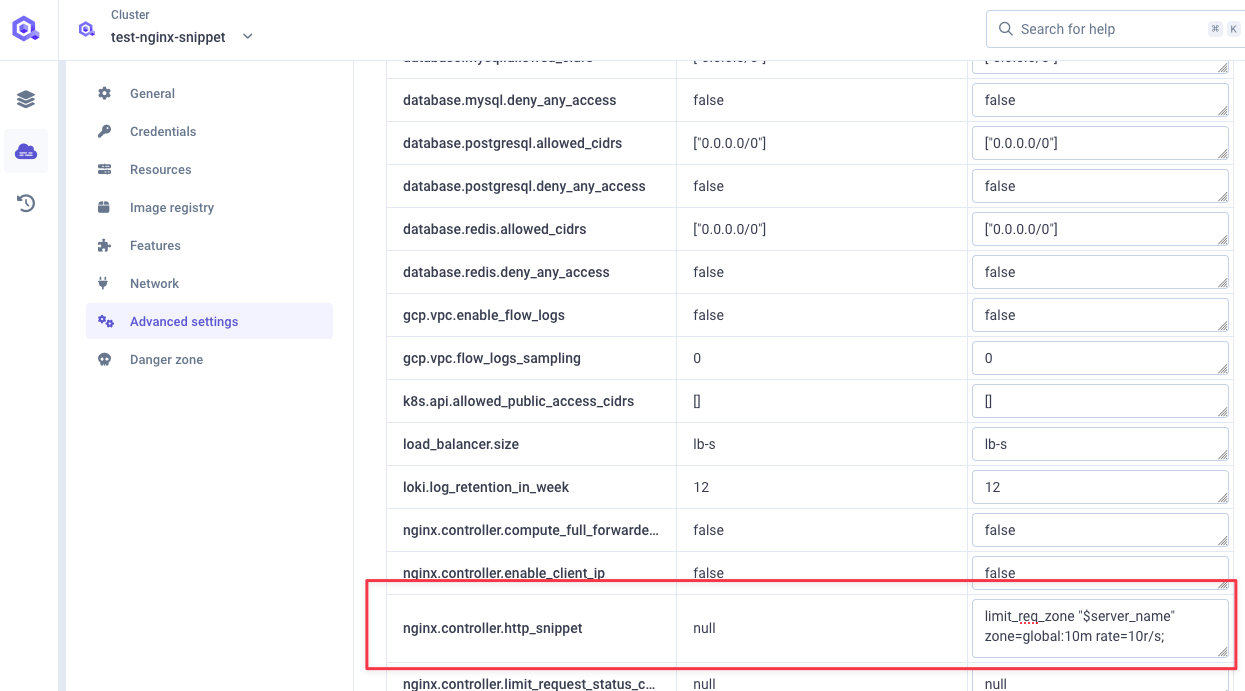 Declare global rate limit at cluster level in cluster advanced settings