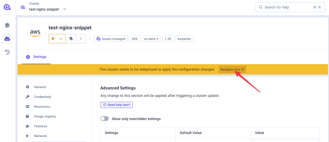 Deploy cluster after advanced settings changes