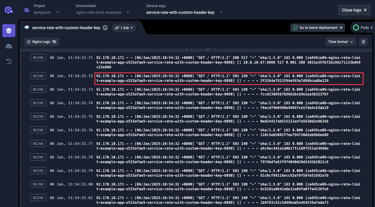 NGINX logs showing requests rejections from custom header rate limit in service logs