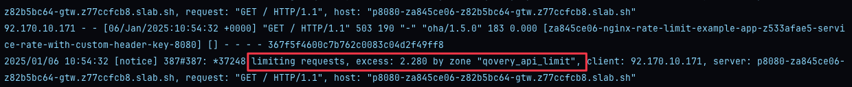 NGINX logs showing requests rejections from custom header rate limit