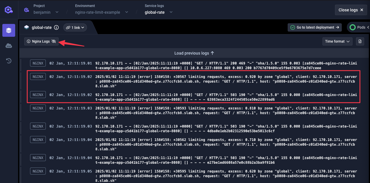 NGINX logs showing requests rejections from global rate