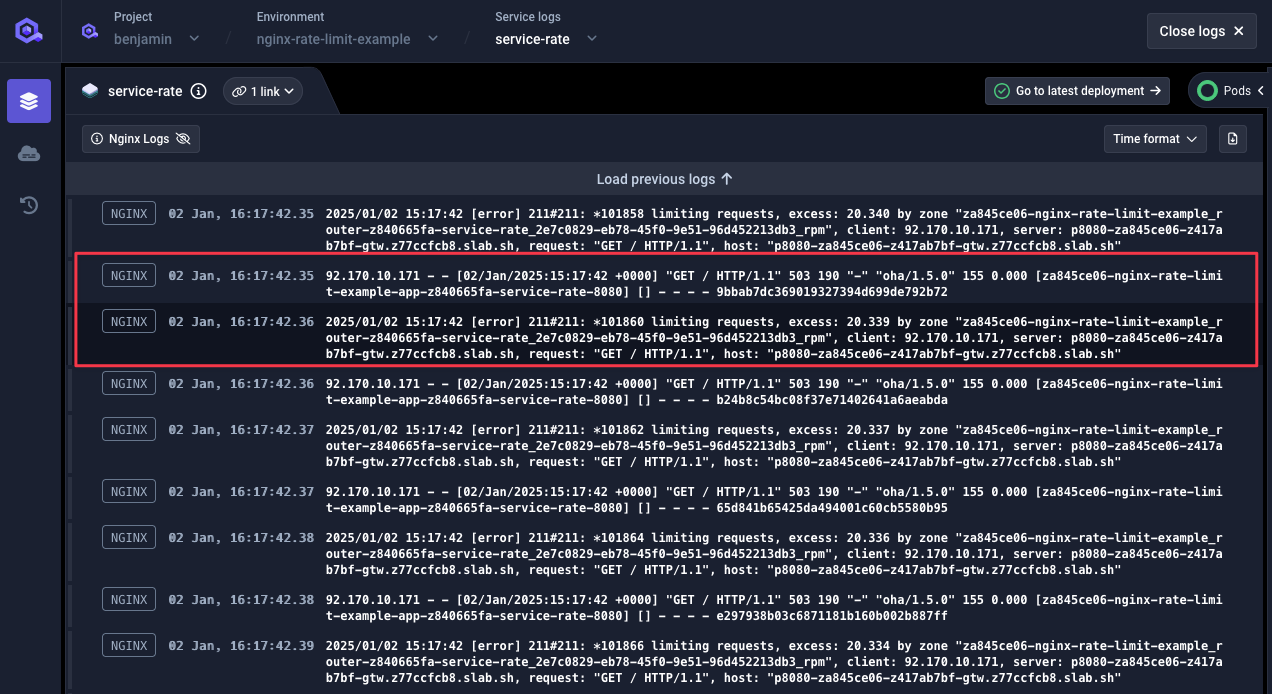 NGINX logs showing requests rejections from global rate