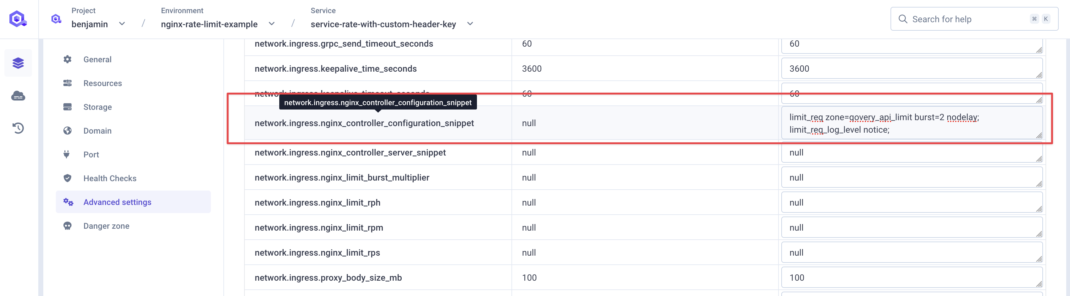 Service settins custom header rate limiter