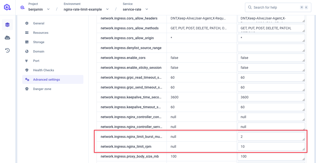 Service advanced settings to set request limit per minute and burst