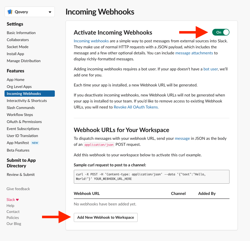 Create a webhook integration on Slack - step 2