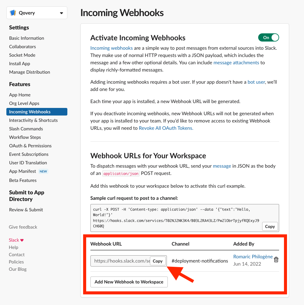 Create a webhook integration on Slack - step 4
